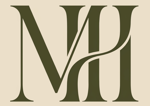 Dark olive green monogram logo mark featuring intertwined letters M and H on a solid light beige background